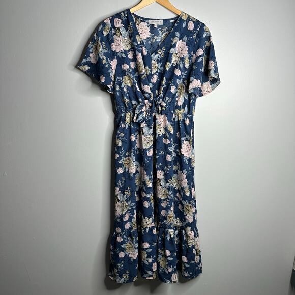 Hayden Dresses & Skirts - Hayden Los Angeles Blue Floral Flutter Sleeve Tie Front V Neck Maxi Dress Size L